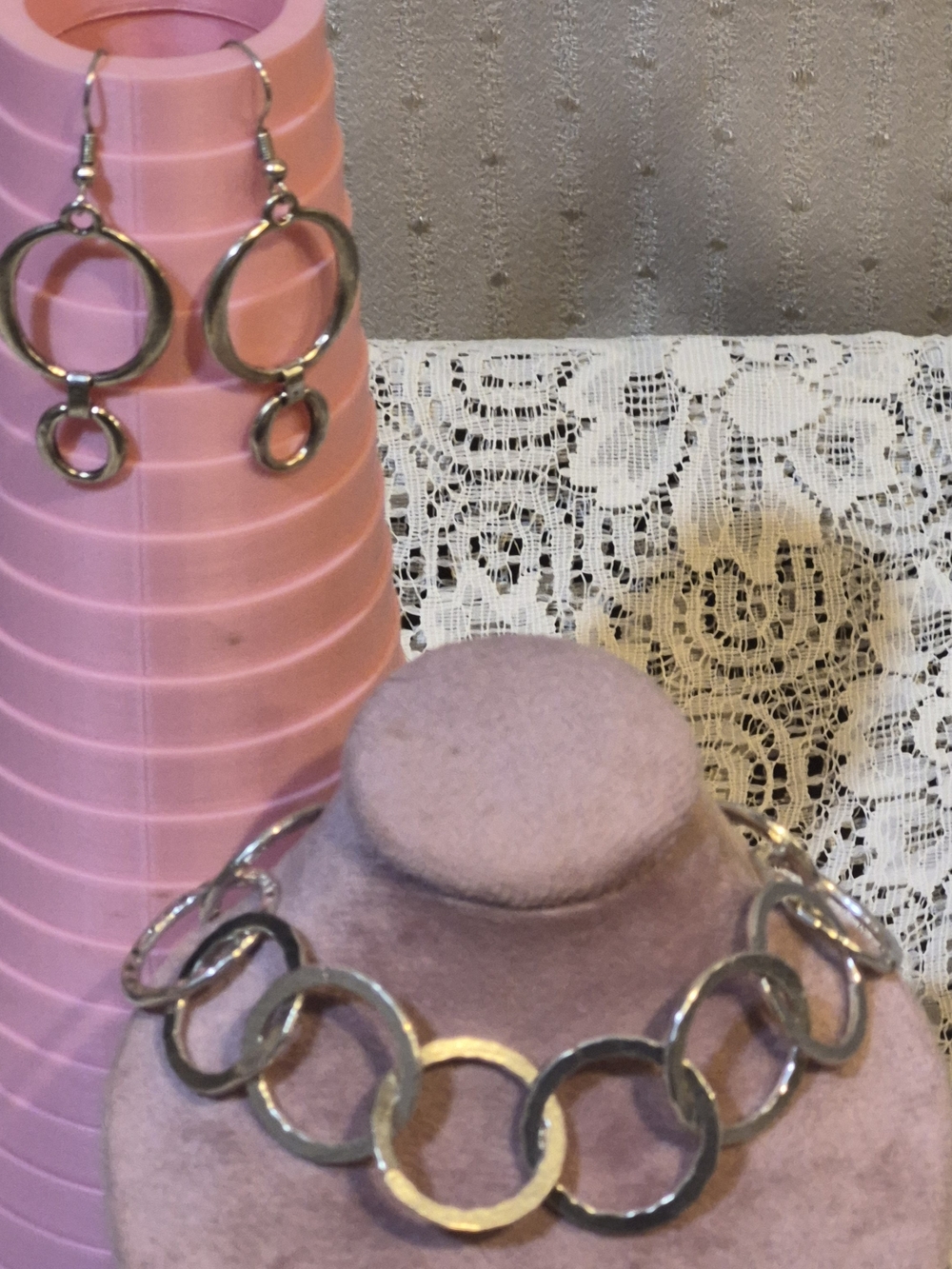 Silver Hammered Circle Link Bracelet & Dangle Earrings Set